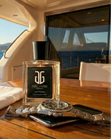 Perfume bottle on a yacht with ocean view